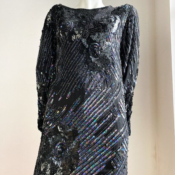 Vintage Silk Fully Beaded Geometric Floral Print Tunic Dress S - Picture 6 of 9